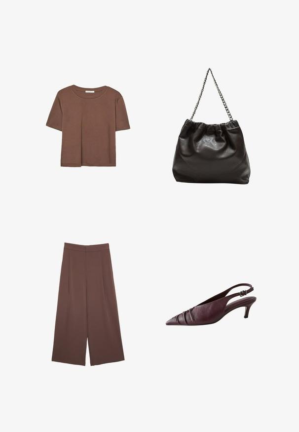 Brązowa koszulka z krótkim rękawem, wykonana z miękkiego materiału, z okrągłym dekoltem i luźnym krojem. Brak widocznych wzorów lub akcentów.; Brązowe spodnie o szerokich nogawkach z gładką fakturą, z wysokim stanem i plisami z przodu. Materiał jest lekki i luźno opada.; Burgundowe skórzane buty typu slingback z szpiczastym noskiem, z zebranym teksturą na przodzie oraz smukłym, eleganckim obcasem. Regulowany pasek.; Brązowa skórzana torba z marszczonym szczytem i łańcuszkowym paskiem. Gładka tekstura z błyszczącym wykończeniem i subtelnymi detalami szwów po bokach.