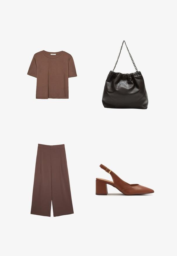 Rjava kratka majica s kratkimi rokavi iz mehkega materiala, s krožnim izrezom in ohlapnim krojem. Brez vidnih vzorcev ali dodatkov.; Rjave široke hlače z gladko teksturo, ki imajo visok pas in sprednje naborke. Tkanina je lahka in prosto pada.; Rjave usnjene slingback pete s konicami, blok peto in nastavljivim trakom z zlatim zaponko.; Rjava usnjena torba z nabranim vrhom in verižnim trakom. Gladka tekstura z sijajno površino in subtilnimi šivi na straneh.