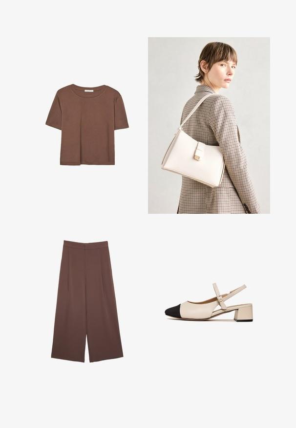 Kahvinsävyinen lyhythihainen t-paita, joka on valmistettu pehmeästä kankaasta. Pyöreä pääntie ja rento malli. Ei näkyviä kuvioita tai koristeita.; Ruskeat leveälahkeiset housut, joissa on sileä pinta, korkea vyötärö ja etupleat. Kangas on kevyttä ja laskeutuu väljänä.; Beige nahka santalatsu, jossa on musta kärki, neliön muotoinen korko ja säädettävä nilkkaremmi. Sileä pinta ja minimalistinen muotoilu.; Valkoinen nahkainen käsilaukku, jossa on jämäkkä muotoilu, magneettinen suljin ja olkahihna, esillä neutraalilla taustalla.