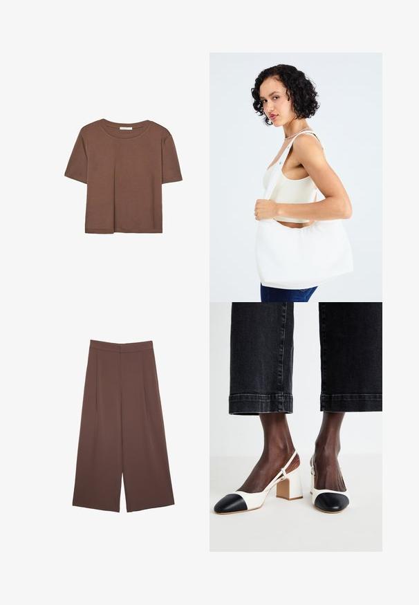 Brązowa koszulka z krótkim rękawem, wykonana z miękkiego materiału, z okrągłym dekoltem i luźnym krojem. Brak widocznych wzorów lub akcentów.; Brązowe spodnie o szerokich nogawkach z gładką fakturą, z wysokim stanem i plisami z przodu. Materiał jest lekki i luźno opada.; Białe i czarne buty na obcasie typu slingback z ostrym noskiem, wykonane z gładkiej skóry, z kontrastowymi detalami na czubku.; Biała torba na ramię wykonana z gładkiego materiału, z owalnym wycięciem i szerokim paskiem. Prosta i nowoczesna, bez widocznych elementów ozdobnych.