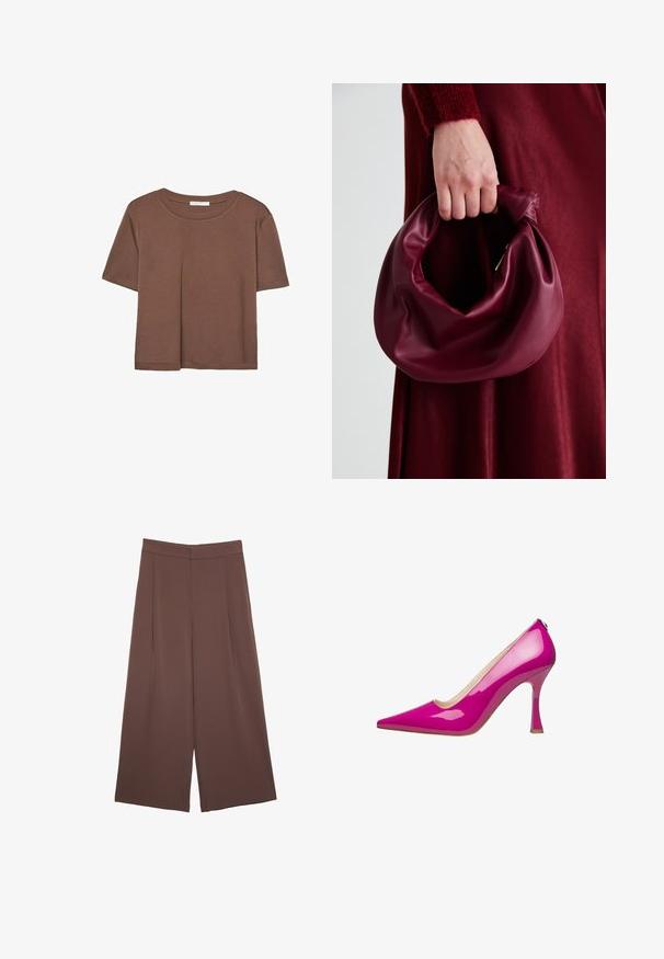 Maglietta a maniche corte marrone realizzata in tessuto morbido, con scollatura rotonda e vestibilità rilassata. Nessun motivo o dettaglio visibile.; Pantaloni ampi marroni con una texture liscia, caratterizzati da una vita alta e pieghe frontali. Il tessuto è leggero e scorre liberamente.; Scarpa con tacco alto in pelle verniciata rosa, con punta affusolata e tacco a stiletto sottile. Texture liscia con una finitura lucida.; Borsa in pelle bordeaux con un design morbido e arricciato e una forma arrotondata. Il manico è fissato, mostrando una texture liscia.