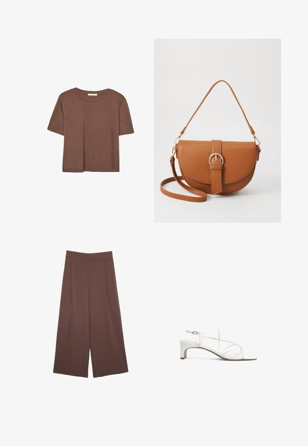 Braunes, kurzärmliges T-Shirt aus weichem Material mit rundem Halsausschnitt und lockerer Passform. Keine sichtbaren Muster oder Akzente.; Braune Weite-Leg-Hosen mit einer glatten Textur, hoher Taille und Vorderfalten. Der Stoff ist leicht und fällt locker.; Weiße Absatzsandale mit schmalem Riemen-Design, quadratischer Zehenpartie und niedrigem Blockabsatz. Glatte Oberfläche mit verstellbarem Knöchelriemchen.; Braune Leder-Crossbody-Tasche mit geschwungener Form, goldfarbenen Beschlägen und einer Schnallenakzentuierung. Verfügt über einen abnehmbaren Schultergurt.