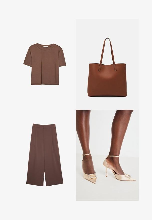 Brun kortærmet t-shirt lavet af blødt stof, med rund halsudskæring og afslappet pasform. Ingen synlige mønstre eller detaljer.; Brune bredbunde bukser med en glat tekstur, der har høj talje og plisseringer foran. Stoffet er let og falder løst.; Beige satin højhælede sko med spidse tåer, der har en smykket spænde detalje og ankelrem. Blank stiletto hæle.; Brun læder tote taske med en glat overflade, åben topdesign og to skulderremme. Har minimal syning og ingen synlig hardware.