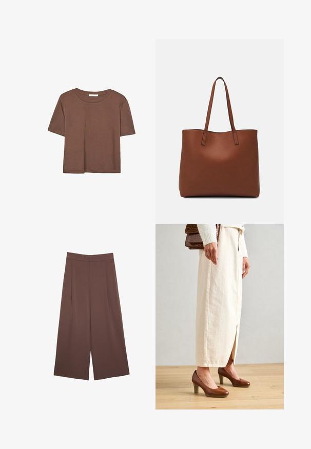 Braunes, kurzärmliges T-Shirt aus weichem Material mit rundem Halsausschnitt und lockerer Passform. Keine sichtbaren Muster oder Akzente.; Braune Weite-Leg-Hosen mit einer glatten Textur, hoher Taille und Vorderfalten. Der Stoff ist leicht und fällt locker.; Braune Absatzschuhe mit runder Zehenpartie, kombiniert mit einem cremefarbenen langen Rock mit einem Schlitz vorne, sowie einer strukturierten braunen Handtasche.; Braune Leder-Tote mit glatter Textur, offenem Oberteil und zwei Schulterriemen. Verfügt über minimale Nähte und keine sichtbaren Beschläge.