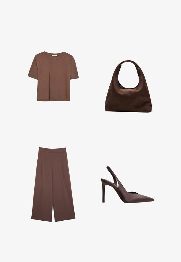 Kahvinsävyinen lyhythihainen t-paita, joka on valmistettu pehmeästä kankaasta. Pyöreä pääntie ja rento malli. Ei näkyviä kuvioita tai koristeita.; Ruskeat leveälahkeiset housut, joissa on sileä pinta, korkea vyötärö ja etupleat. Kangas on kevyttä ja laskeutuu väljänä.; Ruskea satiini slingback-korkokenkä, jossa on kärjellinen muoto ja leikattu muotoilu. Varustettu ohuella stiletto-korkolla ja sileällä pinnalla.; Pehmeä ruskea hobo-tyylinen käsilaukku, jossa on yksi leveä olkahihna ja kaareva yläosan aukko, esitelty valkoista taustaa vasten.