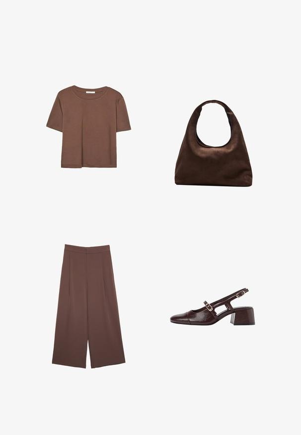 Brun kortærmet t-shirt lavet af blødt stof, med rund halsudskæring og afslappet pasform. Ingen synlige mønstre eller detaljer.; Brune bredbunde bukser med en glat tekstur, der har høj talje og plisseringer foran. Stoffet er let og falder løst.; Brune læder slingback hæle med firkantet tå, udskårne sider og en blokhæl. Har en spænde på ankelremmen.; Blød brun hobo-stil håndtaske med en enkelt bred strop og en buet åbning på toppen, vist på en hvid baggrund.
