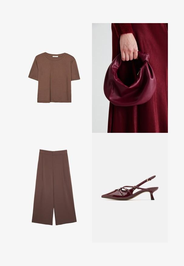 Maglietta a maniche corte marrone realizzata in tessuto morbido, con scollatura rotonda e vestibilità rilassata. Nessun motivo o dettaglio visibile.; Pantaloni ampi marroni con una texture liscia, caratterizzati da una vita alta e pieghe frontali. Il tessuto è leggero e scorre liberamente.; Scarpa slingback in vernice bordeaux con punta affusolata, tacco basso, dettagli di cinturino decorativo e finitura lucida.; Borsa in pelle bordeaux con un design morbido e arricciato e una forma arrotondata. Il manico è fissato, mostrando una texture liscia.