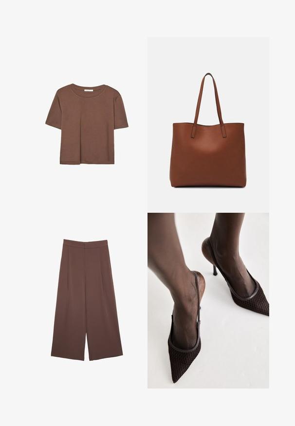 Hnedé tričko s krátkym rukávom vyrobené z jemného materiálu, s okrúhlym výstrihom a voľným strihom. Žiadne viditeľné vzory ani akcenty.; Hnedé nohavice so širokými nohavicami a hladkou textúrou, s vysokým pásom a prednými skladmi. Tkanina je ľahká a voľne sa pohybuje.; Hnedé lodičky s špicatou špičkou, ktoré majú textúrovanú sieťovinu, dizajn na opätok a tenký ihličkový opätok, umiestnené na neutrálnom pozadí.; Hnedá kožená taška na rameno s hladkou textúrou, otvoreným vrchom a dvoma ramenými popruhmi. Má minimálne šitia a žiadne viditeľné kovania.