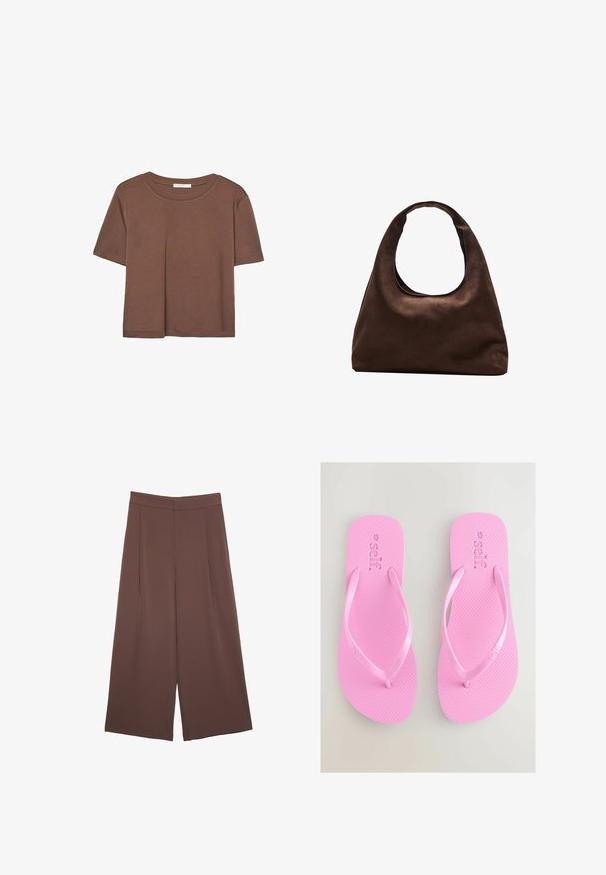 Maglietta a maniche corte marrone realizzata in tessuto morbido, con scollatura rotonda e vestibilità rilassata. Nessun motivo o dettaglio visibile.; Pantaloni ampi marroni con una texture liscia, caratterizzati da una vita alta e pieghe frontali. Il tessuto è leggero e scorre liberamente.; Infradito rosa in gomma con plantare testurizzato e fasce sottili e lisce. Nome del marchio "self." impresso sul plantare.; Borsa hobo di un morbido marrone con una sola tracolla larga e un'apertura a manico curvo, esposta su uno sfondo bianco.