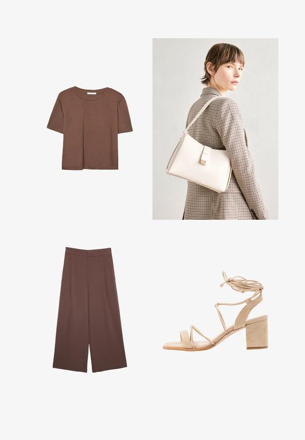 Brązowa koszulka z krótkim rękawem, wykonana z miękkiego materiału, z okrągłym dekoltem i luźnym krojem. Brak widocznych wzorów lub akcentów.; Brązowe spodnie o szerokich nogawkach z gładką fakturą, z wysokim stanem i plisami z przodu. Materiał jest lekki i luźno opada.; Beżowe zamszowe sandały na wysokim obcasie z blokowym obcasem, otwartym noskiem i elastycznymi paskami krzyżującymi się wokół kostki. Gładka tekstura, minimalistyczny design.; Biała skórzana torebka o strukturalnym wzorze, z magnetycznym zapięciem i paskiem na ramię, zaprezentowana na neutralnym tle.; Stradivarius - Naszyjnik