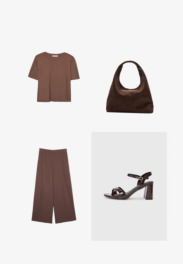 Rjava kratka majica s kratkimi rokavi iz mehkega materiala, s krožnim izrezom in ohlapnim krojem. Brez vidnih vzorcev ali dodatkov.; Rjave široke hlače z gladko teksturo, ki imajo visok pas in sprednje naborke. Tkanina je lahka in prosto pada.; Patent burgundske sandale na visoki peti z odprtim prstom, ki imajo križno vezanje in zapenjalni trak okoli gležnja z okroglo zlatno sponko. Oblika z masivnim peto.; Mehakna rjava torbica v hobo stilu z enim širokim trakom in ukrivljenim odprtjem na vrhu, prikazana na beli podlagi.