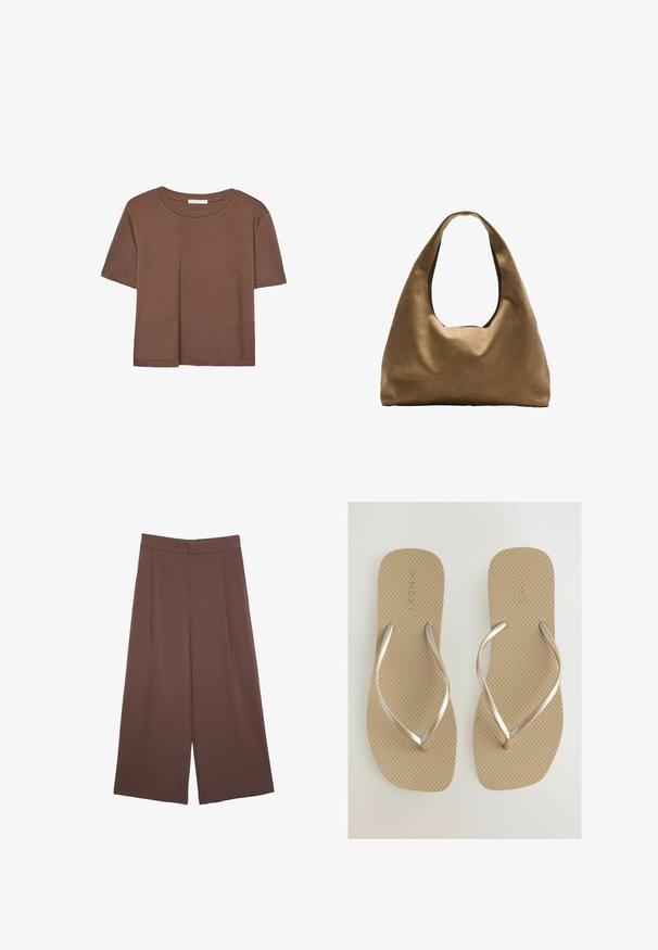 Hnědé tričko s krátkým rukávem vyrobené z měkké látky, s kulatým výstřihem a volným střihem. Bez viditelných vzorů nebo dekorací.; Hnědé široké kalhoty s hladkou texturou, vysokým pasem a předními záhyby. Materiál je lehký a volně splývá.; Béžové žabky s texturovanou podrážkou a kovovými stříbrnými pásky. Jednoduchý design s plochou a širokou stélkou pro pohodlí.; Hnědá textilní taška přes rameno s širokým, zaobleným tvarem a velkým výřezem na rukojeť. Měkká textura, minimalistický design a žádné viditelné kovové prvky.