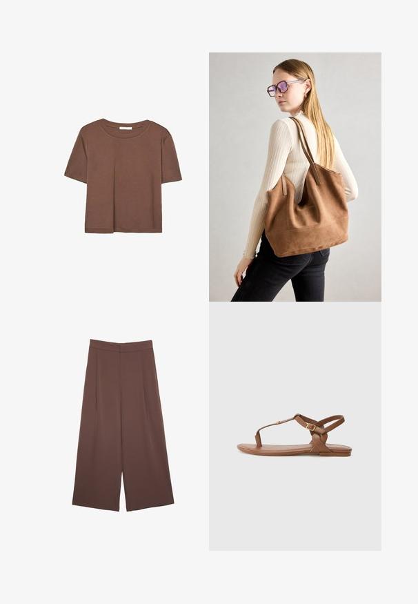 Braunes, kurzärmliges T-Shirt aus weichem Material mit rundem Halsausschnitt und lockerer Passform. Keine sichtbaren Muster oder Akzente.; Braune Weite-Leg-Hosen mit einer glatten Textur, hoher Taille und Vorderfalten. Der Stoff ist leicht und fällt locker.; Braune Leder-Sandale mit T-Riemen-Design, verstellbarem Knöchelriemen mit goldfarbener Schnalle, flacher Sohle und glatter Textur.; Braune Wildleder-Tasche mit weicher Textur, großer Öffnung und langen Trägern. Sie verfügt über ein simples Design mit sichtbarem Stich und ohne Beschläge.