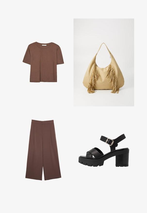 Smeđi kratki rukav majica od mekog materijala, s okruglim izrezom i opuštenim krojem. Nema vidljivih uzoraka ili naglasaka.; Smeđe hlače širokog kroja s glatkom teksturom, koje imaju visok struk i nabore sprijeda. Tkanina je lagana i slobodno se kreće.; mtng SABA - Sandale s visokom petom - black; Torbica od svijetlosmeđeg sueda s velikim otvorom i dugim resicama s obje strane, s glatkom teksturom i jednom ručkom.