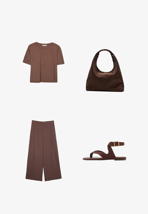Brązowa koszulka z krótkim rękawem, wykonana z miękkiego materiału, z okrągłym dekoltem i luźnym krojem. Brak widocznych wzorów lub akcentów.; Brązowe spodnie o szerokich nogawkach z gładką fakturą, z wysokim stanem i plisami z przodu. Materiał jest lekki i luźno opada.; Brązowe zamszowe sandały z przesuwanym zapięciem, paskiem na kostkę z klamrą i płaską podeszwą. Otwarte palce o gładkiej fakturze.; Miękka, brązowa torebka w stylu hobo z jedną szeroką rączką i wyprofilowanym otwarciem, wyeksponowana na białym tle.
