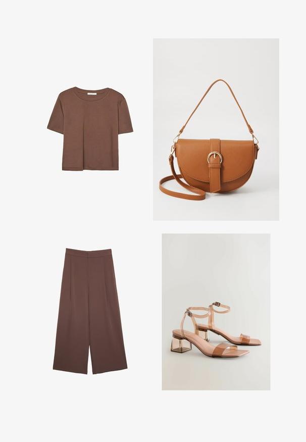 Braunes, kurzärmliges T-Shirt aus weichem Material mit rundem Halsausschnitt und lockerer Passform. Keine sichtbaren Muster oder Akzente.; Braune Weite-Leg-Hosen mit einer glatten Textur, hoher Taille und Vorderfalten. Der Stoff ist leicht und fällt locker.; Transparente Sandalen mit Blockabsatz und nude-farbenen Riemen, quadratische Zehenpartie und verstellbare Knöchelriemen; glatte Textur und glänzende Oberfläche.; Braune Leder-Crossbody-Tasche mit geschwungener Form, goldfarbenen Beschlägen und einer Schnallenakzentuierung. Verfügt über einen abnehmbaren Schultergurt.