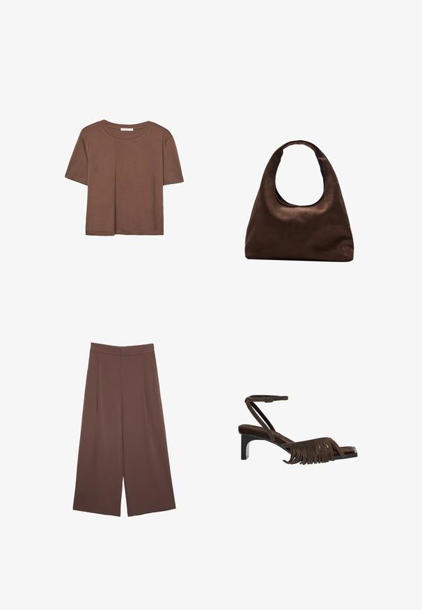 Kahvinsävyinen lyhythihainen t-paita, joka on valmistettu pehmeästä kankaasta. Pyöreä pääntie ja rento malli. Ei näkyviä kuvioita tai koristeita.; Ruskeat leveälahkeiset housut, joissa on sileä pinta, korkea vyötärö ja etupleat. Kangas on kevyttä ja laskeutuu väljänä.; Ruskean mokkanahkasaappaat, joissa on fringed yksityiskohta, nilkkaremmillä ja matala neliönmukainen korko. Niissä on tyylikäs, minimalistinen muotoilu, jossa on hienovarainen texture.; Pehmeä ruskea hobo-tyylinen käsilaukku, jossa on yksi leveä olkahihna ja kaareva yläosan aukko, esitelty valkoista taustaa vasten.