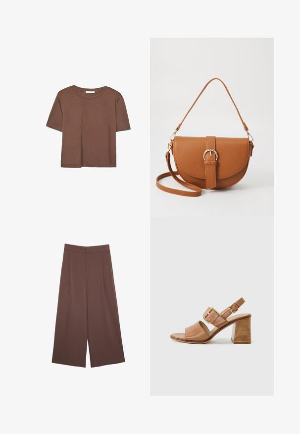 Maglietta a maniche corte marrone realizzata in tessuto morbido, con scollatura rotonda e vestibilità rilassata. Nessun motivo o dettaglio visibile.; Pantaloni ampi marroni con una texture liscia, caratterizzati da una vita alta e pieghe frontali. Il tessuto è leggero e scorre liberamente.; Sandali con tacco in pelle marrone, dotati di una larga fascia anteriore, cinturino regolabile alla caviglia con una fibbia dorata e un tacco a blocco texturizzato.; Borsa a tracolla in pelle marrone con forma curvata, hardware dorato e un dettaglio con fibbia. Presenta una tracolla rimovibile.