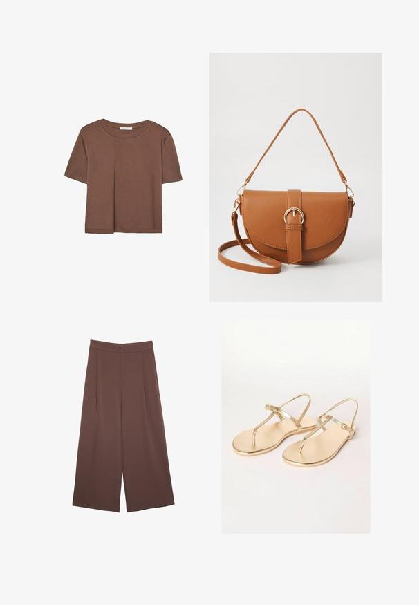 Brun kortærmet t-shirt lavet af blødt stof, med rund halsudskæring og afslappet pasform. Ingen synlige mønstre eller detaljer.; Brune bredbunde bukser med en glat tekstur, der har høj talje og plisseringer foran. Stoffet er let og falder løst.; Friends Like These REGULAR FIT - TOE THONG FIT - Sandaler m/ tåsplit - gold; Brun læder crossbody taske med en buet form, guldfarvet hardware og en spændeaccent. Har en aftagelig skulderrem.