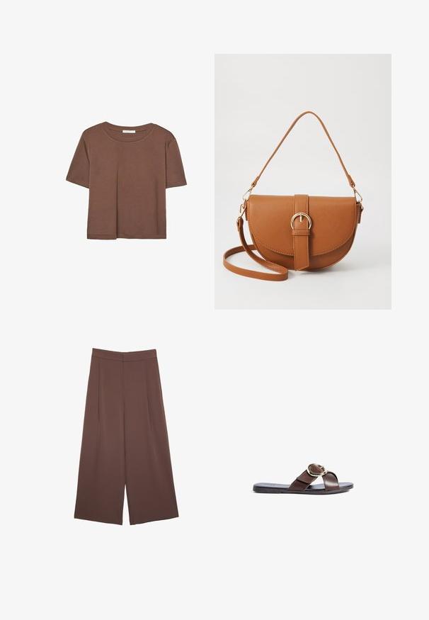 T-shirt marron à manches courtes en tissu doux, avec un col rond et une coupe décontractée. Aucun motif ni accent visible.; Pantalons larges marron avec une texture lisse, dotés d'une taille haute et de plis à l'avant. Le tissu est léger et tombe de manière fluide.; Sandale en cuir marron avec des brides croisées, dotée d'une boucle en métal doré de forme circulaire et d'une semelle plate en caoutchouc noir.; Sac bandoulière en cuir marron avec une forme incurvée, quincaillerie dorée et un accent en boucle. Comprend une bandoulière détachable.