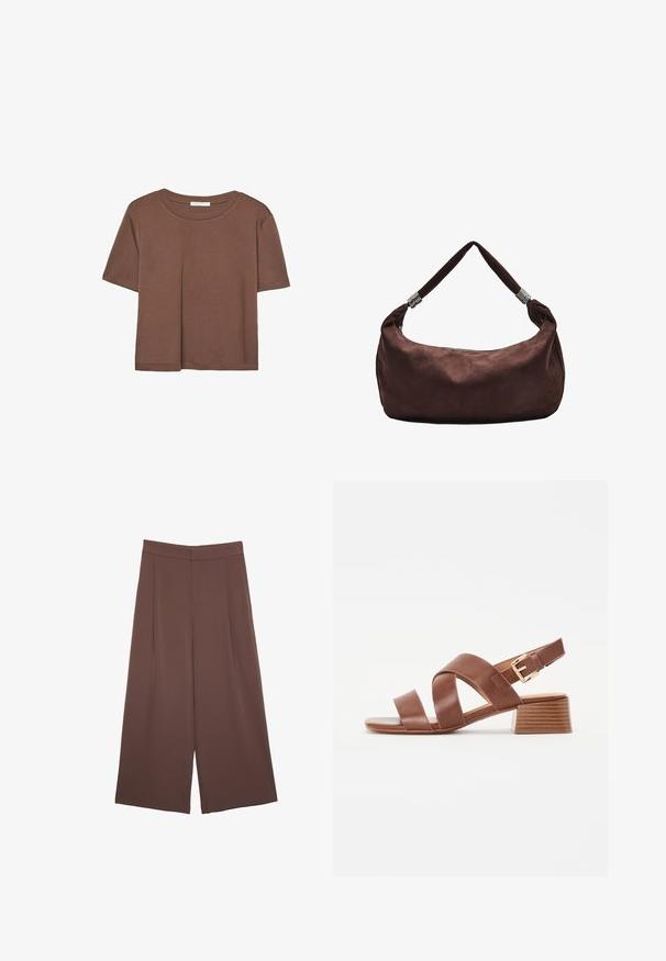 Hnědé tričko s krátkým rukávem vyrobené z měkké látky, s kulatým výstřihem a volným střihem. Bez viditelných vzorů nebo dekorací.; Hnědé široké kalhoty s hladkou texturou, vysokým pasem a předními záhyby. Materiál je lehký a volně splývá.; Hnědé kožené sandály s křížovým designem popruhů, nastavitelné sponou na kotníku a nízkým, vrstveným blokovým podpatkem s texturovaným povrchem.; Hnědá semišová taška přes rameno se zipovým uzávěrkem, zdobená zkrouceným popruhem s kovovými akcenty pro bezpečné nošení.