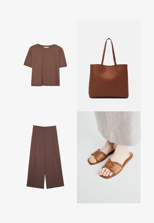 Brun kortærmet t-shirt lavet af blødt stof, med rund halsudskæring og afslappet pasform. Ingen synlige mønstre eller detaljer.; Brune bredbunde bukser med en glat tekstur, der har høj talje og plisseringer foran. Stoffet er let og falder løst.; Brune slidesandaler med vævet tekstil og glatte læderdetaljer, med en flad sål og en dekoreret rem.; Brun læder tote taske med en glat overflade, åben topdesign og to skulderremme. Har minimal syning og ingen synlig hardware.