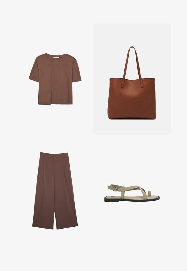 Brown short-sleeve t-shirt made of soft fabric, with a round neckline and relaxed fit. No visible patterns or accents.; Brown wide-leg trousers with a smooth texture, featuring a high waist and front pleats. The fabric is lightweight and flows loosely.; Beige suede sandals with a flat sole, featuring crisscross straps and an adjustable buckle on the back. Minimalist design and open toe.; Brown leather tote bag with a smooth texture, open top design, and two shoulder straps. Features minimal stitching and no visible hardware.