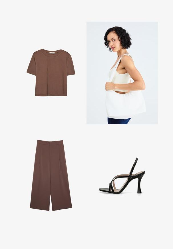 Braunes, kurzärmliges T-Shirt aus weichem Material mit rundem Halsausschnitt und lockerer Passform. Keine sichtbaren Muster oder Akzente.; Braune Weite-Leg-Hosen mit einer glatten Textur, hoher Taille und Vorderfalten. Der Stoff ist leicht und fällt locker.; Nine West Riemensandalette - black; Weißer Schultertasche aus glattem Material mit ovalem Ausschnitt und breitem Tragegurt. Einfach und modern, ohne sichtbare Hardware.