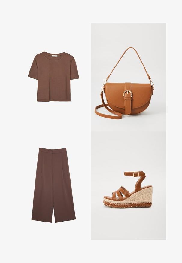 Brown short-sleeve t-shirt made of soft fabric, with a round neckline and relaxed fit. No visible patterns or accents.; Brown wide-leg trousers with a smooth texture, featuring a high waist and front pleats. The fabric is lightweight and flows loosely.; Brown leather wedge sandals feature a woven jute sole, open-toe design with three straps, and a buckle ankle strap for secure fit.; Brown leather crossbody bag with a curved shape, gold hardware, and a buckle accent. Features a detachable shoulder strap.