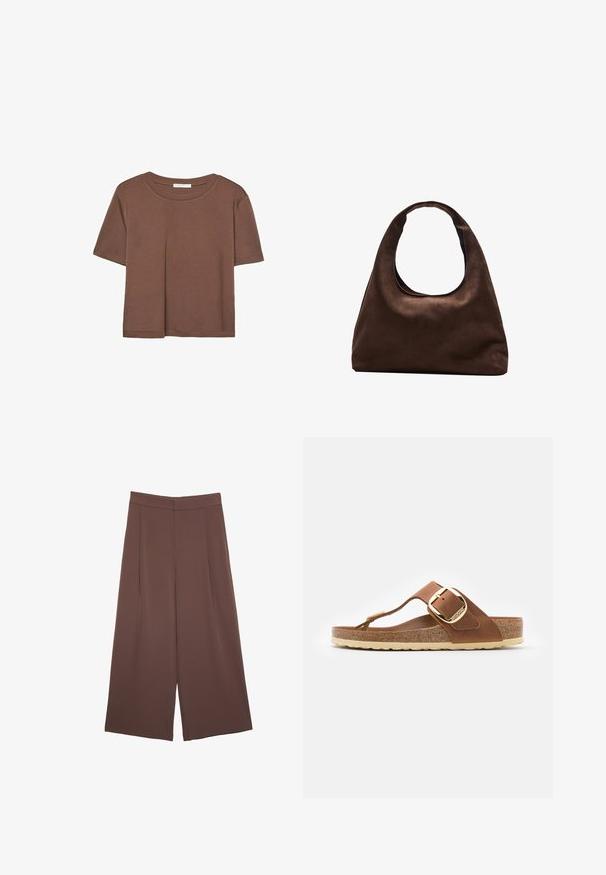 Maglietta a maniche corte marrone realizzata in tessuto morbido, con scollatura rotonda e vestibilità rilassata. Nessun motivo o dettaglio visibile.; Pantaloni ampi marroni con una texture liscia, caratterizzati da una vita alta e pieghe frontali. Il tessuto è leggero e scorre liberamente.; Infradito in pelle marrone con fibbia dorata e suola in sughero; presenta una suola beige testurizzata e un design minimalista.; Borsa hobo di un morbido marrone con una sola tracolla larga e un'apertura a manico curvo, esposta su uno sfondo bianco.