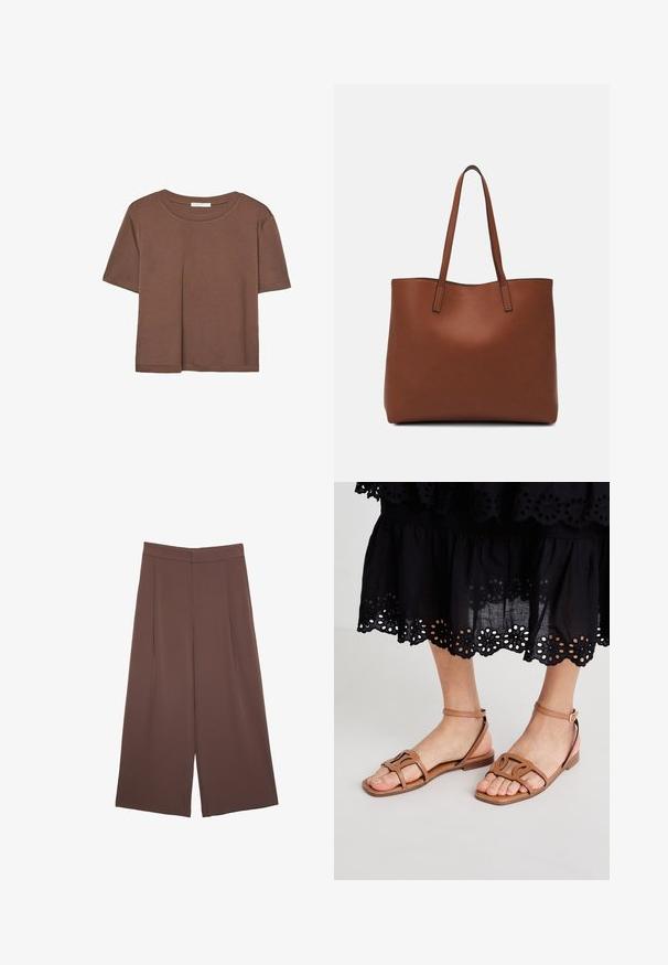 Braunes, kurzärmliges T-Shirt aus weichem Material mit rundem Halsausschnitt und lockerer Passform. Keine sichtbaren Muster oder Akzente.; Braune Weite-Leg-Hosen mit einer glatten Textur, hoher Taille und Vorderfalten. Der Stoff ist leicht und fällt locker.; Hellbraune Leder-Sandalen mit flacher Sohle, ausgestattet mit strukturierten Riemen und einem verstellbaren Knöchelriegel, kombiniert mit einem schwarzen Ösensrock.; Braune Leder-Tote mit glatter Textur, offenem Oberteil und zwei Schulterriemen. Verfügt über minimale Nähte und keine sichtbaren Beschläge.