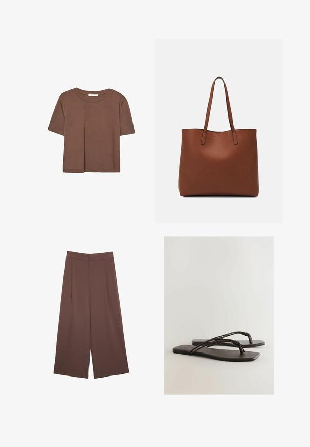 Rjava kratka majica s kratkimi rokavi iz mehkega materiala, s krožnim izrezom in ohlapnim krojem. Brez vidnih vzorcev ali dodatkov.; Rjave široke hlače z gladko teksturo, ki imajo visok pas in sprednje naborke. Tkanina je lahka in prosto pada.; Črne ravne sandale minimalističnega dizajna, s tankimi, vozlanimi trakovi in gladkim, ravnim podplatom. Material izgleda mehak in fleksibilen.; Rjava usnjena torba z gladko teksturo, odprto zasnovo zgoraj in dvema naramnima trakovoma. Opremljena je z minimalnim šivanjem in brez vidnih kovinskih delov.