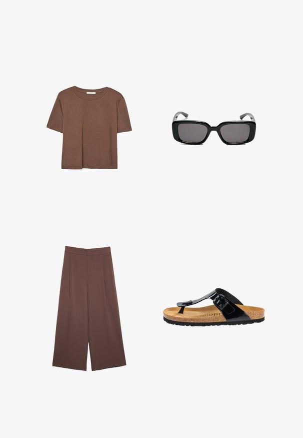 Brun kortærmet t-shirt lavet af blødt stof, med rund halsudskæring og afslappet pasform. Ingen synlige mønstre eller detaljer.; Brune bredbunde bukser med en glat tekstur, der har høj talje og plisseringer foran. Stoffet er let og falder løst.; Sort patenteret læder flip-flop sandal med en korkfodseng, gummisål og en spændeaccent på remmen. Glat overflade, minimalistisk design.; Sorte rektangulære solbriller med mørke linser, glat plastikramme og buede stænger. Designet er klodset med en minimalistisk æstetik.
