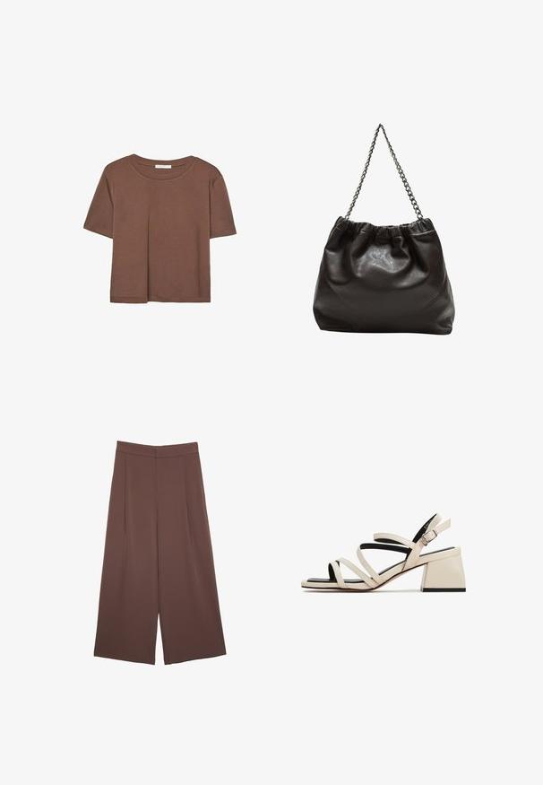 Hnědé tričko s krátkým rukávem vyrobené z měkké látky, s kulatým výstřihem a volným střihem. Bez viditelných vzorů nebo dekorací.; Hnědé široké kalhoty s hladkou texturou, vysokým pasem a předními záhyby. Materiál je lehký a volně splývá.; Sandály na podpatku s pásky v krémové kůži s blokovým podpatkem. Mají tenké pásky a černou podrážku, s nastavitelným páskem kolem kotníku.; Hnědá kožená taška se sbíraným vrškem a řetízkovým popruhem. Hladký povrch s lesklým finišem a jemným švem na bocích.