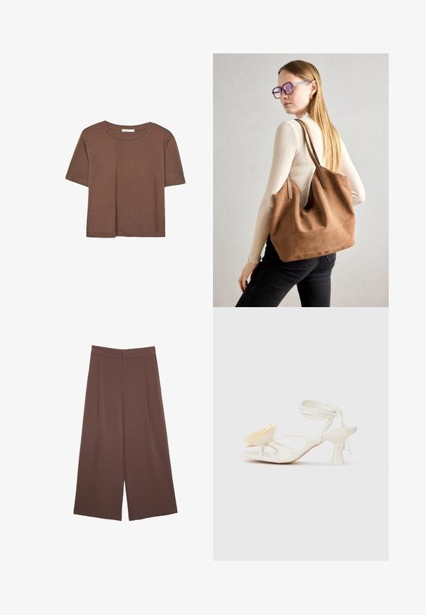 Braunes, kurzärmliges T-Shirt aus weichem Material mit rundem Halsausschnitt und lockerer Passform. Keine sichtbaren Muster oder Akzente.; Braune Weite-Leg-Hosen mit einer glatten Textur, hoher Taille und Vorderfalten. Der Stoff ist leicht und fällt locker.; Weiße, strappy High-Heel-Sandalen mit spitzem Zehenbereich. Sie verfügen über einen dekorativen gelben Blütenblattakzent und ein schlankes Knöchelriemen-Design.; Braune Wildleder-Tasche mit weicher Textur, großer Öffnung und langen Trägern. Sie verfügt über ein simples Design mit sichtbarem Stich und ohne Beschläge.