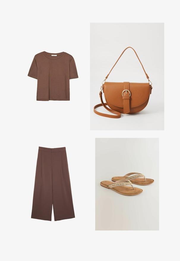 Hnedé tričko s krátkym rukávom vyrobené z jemného materiálu, s okrúhlym výstrihom a voľným strihom. Žiadne viditeľné vzory ani akcenty.; Hnedé nohavice so širokými nohavicami a hladkou textúrou, s vysokým pásom a prednými skladmi. Tkanina je ľahká a voľne sa pohybuje.; Hnedé flip-flop sandále s polstrovanou stielkou, s opletenými akcentmi v béžovej, bielej a zlatej farbe na popruhu pre zvýšenie detailu.; Hnedá kožená kabelka cez telo s zakriveným tvarom, zlatými kovovými doplnkami a akcentom s prackou. Obsahuje odnímateľný ramenný popruh.