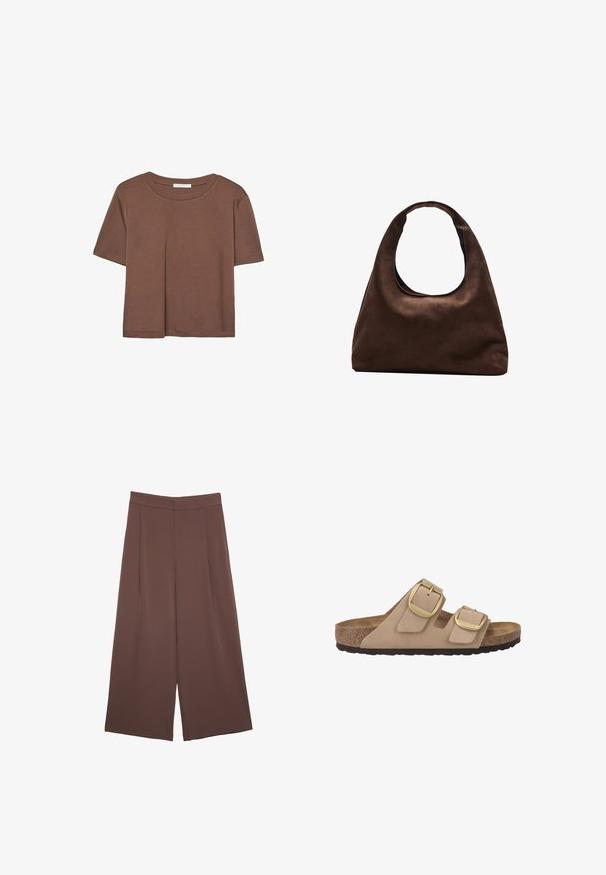 T-shirt marron à manches courtes en tissu doux, avec un col rond et une coupe décontractée. Aucun motif ni accent visible.; Pantalons larges marron avec une texture lisse, dotés d'une taille haute et de plis à l'avant. Le tissu est léger et tombe de manière fluide.; Sandale beige à deux brides avec une tige en suède doux, des boucles en métal doré, un semelle intérieure en liège et une semelle en caoutchouc texturé.; Sac à main en toile marron doux de style hobo avec une large sangle unique et une ouverture en haut arrondie, présenté sur un fond blanc.