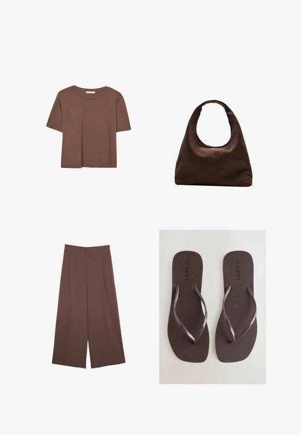 Brown short-sleeve t-shirt made of soft fabric, with a round neckline and relaxed fit. No visible patterns or accents.; Brown wide-leg trousers with a smooth texture, featuring a high waist and front pleats. The fabric is lightweight and flows loosely.; Next SQUARE TOE - Pool shoes - chocolate brown; Soft brown hobo-style handbag with a single wide strap and a curved top handle opening, displayed on a white background.