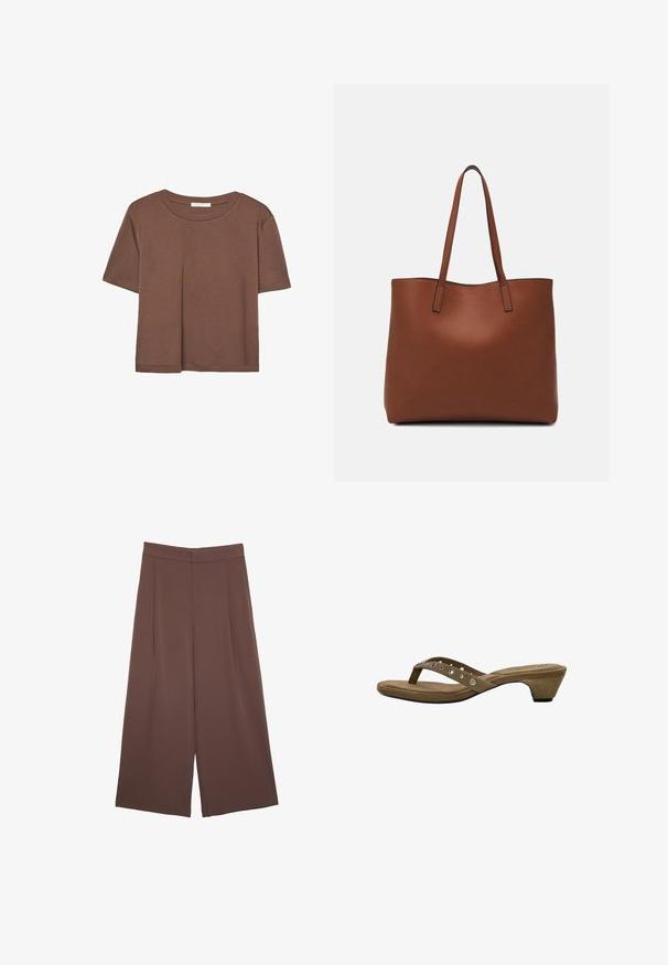 Brown short-sleeve t-shirt made of soft fabric, with a round neckline and relaxed fit. No visible patterns or accents.; Brown wide-leg trousers with a smooth texture, featuring a high waist and front pleats. The fabric is lightweight and flows loosely.; Brown suede heeled sandals with a minimalist design, featuring a thin strap with decorative silver studs and a modest cone heel.; Brown leather tote bag with a smooth texture, open top design, and two shoulder straps. Features minimal stitching and no visible hardware.