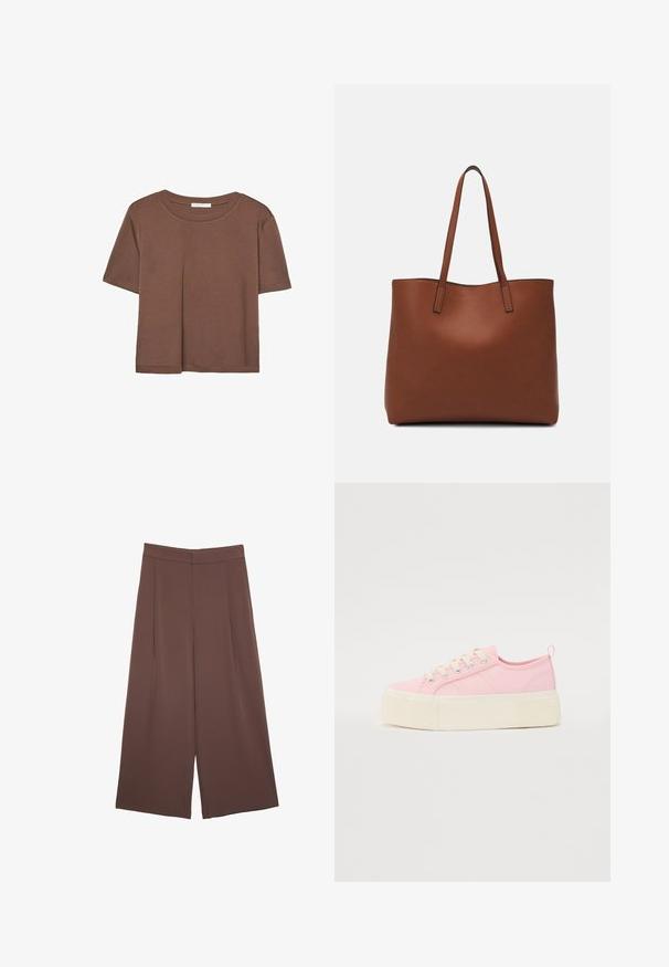 Brun kortärmad t-shirt i mjukt tyg, med rund halsringning och avslappnad passform. Inga synliga mönster eller detaljer.; Bruna vida byxor med en slät textur, som har hög midja och framfickor. Tyget är lätt och flödar löst.; Rosa canvas plattformsneakers med en strukturerad vit sula, platta snören och sidostreck. Har en bakre ögla för enkel påtagning.; Brun läder tote-väska med en slät textur, öppen toppdesign och två axelremmar. Har minimal söm och ingen synlig metalldetalj.