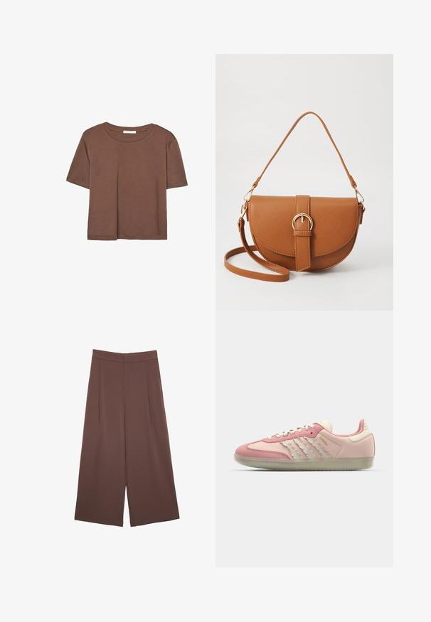 Braunes, kurzärmliges T-Shirt aus weichem Material mit rundem Halsausschnitt und lockerer Passform. Keine sichtbaren Muster oder Akzente.; Braune Weite-Leg-Hosen mit einer glatten Textur, hoher Taille und Vorderfalten. Der Stoff ist leicht und fällt locker.; adidas Originals SAMBA OG - Sneaker low - quartz/off white/mauve; Braune Leder-Crossbody-Tasche mit geschwungener Form, goldfarbenen Beschlägen und einer Schnallenakzentuierung. Verfügt über einen abnehmbaren Schultergurt.