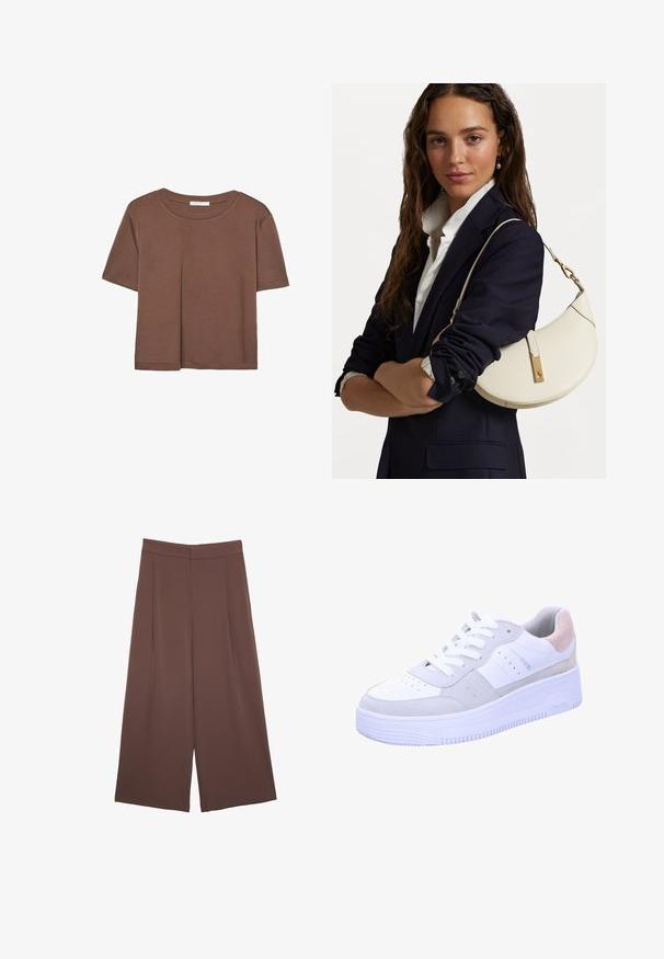 T-shirt marron à manches courtes en tissu doux, avec un col rond et une coupe décontractée. Aucun motif ni accent visible.; Pantalons larges marron avec une texture lisse, dotés d'une taille haute et de plis à l'avant. Le tissu est léger et tombe de manière fluide.; Sneaker blanche avec des accents en daim gris, semelle texturée, boîte à orteils perforée et lacets blancs. Dispose d'un discret onglet de talon rose pastel.; Sac en cuir blanc à la forme arrondie, avec des accessoires en or et une finition texturée, porté sur un blazer sombre et une chemise blanche.