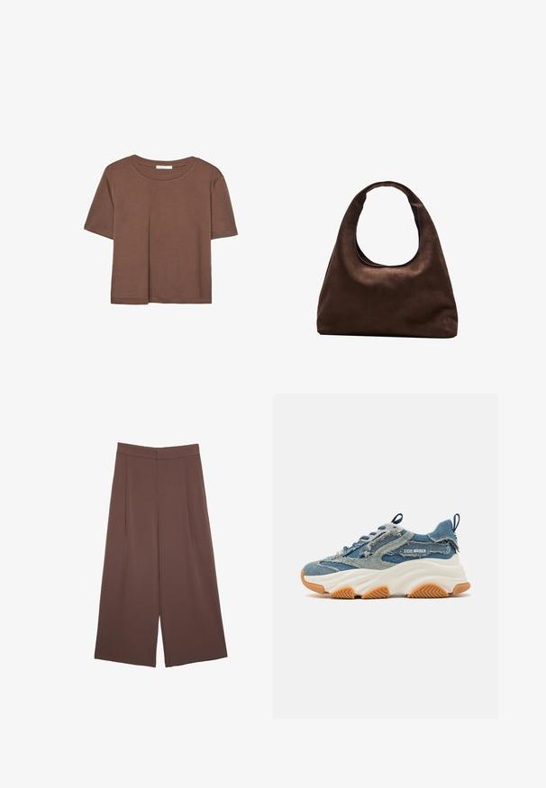 Smeđi kratki rukav majica od mekog materijala, s okruglim izrezom i opuštenim krojem. Nema vidljivih uzoraka ili naglasaka.; Smeđe hlače širokog kroja s glatkom teksturom, koje imaju visok struk i nabore sprijeda. Tkanina je lagana i slobodno se kreće.; Traperice tenisice s slojevitim plavim dizajnom, iznošenim naglascima, bijelim debelim potplatom i smešim gumiranim potplatom za prianjanje.; Meka mekana smeđa torba hobo stila s jednim širokim remenom i zakrivljenim otvaranjem na vrhu, prikazana na bijeloj pozadini.