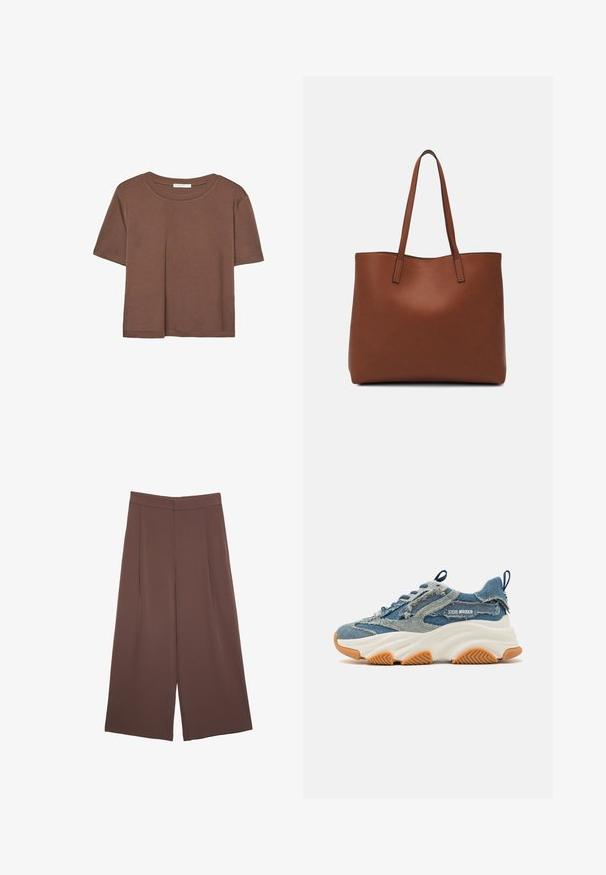 Brown short-sleeve t-shirt made of soft fabric, with a round neckline and relaxed fit. No visible patterns or accents.; Brown wide-leg trousers with a smooth texture, featuring a high waist and front pleats. The fabric is lightweight and flows loosely.; Denim sneaker featuring a layered blue design, frayed accents, a white chunky sole, and a rubber brown outsole for grip.; Brown leather tote bag with a smooth texture, open top design, and two shoulder straps. Features minimal stitching and no visible hardware.