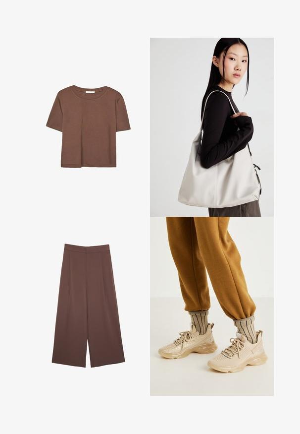 Rjava kratka majica s kratkimi rokavi iz mehkega materiala, s krožnim izrezom in ohlapnim krojem. Brez vidnih vzorcev ali dodatkov.; Rjave široke hlače z gladko teksturo, ki imajo visok pas in sprednje naborke. Tkanina je lahka in prosto pada.; Bežna atletska obutev z mrežastim zgornjim delom, dekorativnimi bleščicami in debelim gumijastim podplatom. V kombinaciji z črtastimi bež nogavicami in rjavimi trenirskih hlačami.; Bežna torbica iz mehkega materiala, z ohlapno zasnovo, šivi in dvema naramnicama. Primerna za vsakodnevno uporabo.
