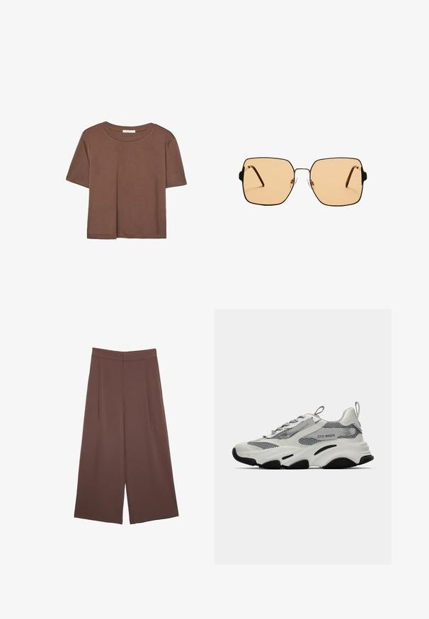 Rjava kratka majica s kratkimi rokavi iz mehkega materiala, s krožnim izrezom in ohlapnim krojem. Brez vidnih vzorcev ali dodatkov.; Rjave široke hlače z gladko teksturo, ki imajo visok pas in sprednje naborke. Tkanina je lahka in prosto pada.; Bela športna teniska obutev z mrežnimi paneli, sivi detajli in črnimi gumijastimi podplati. Opremljena je z vezalkami, zanka za poteg in oznako blagovne znamke.; Kvadratne sončna očala z rjavimi lečami in tankim črnim kovinskim okvirjem. Imajo poševne ušesne dele in nastavljive nosne blazinice za udobje.; Rumeno usnjeno-usnje z vzorcem krokodila, s strukturiranim dizajnom, zgornjo ročajem, snemljivo verižico in dekorativnim kristalnim okrasjem na zaponki.