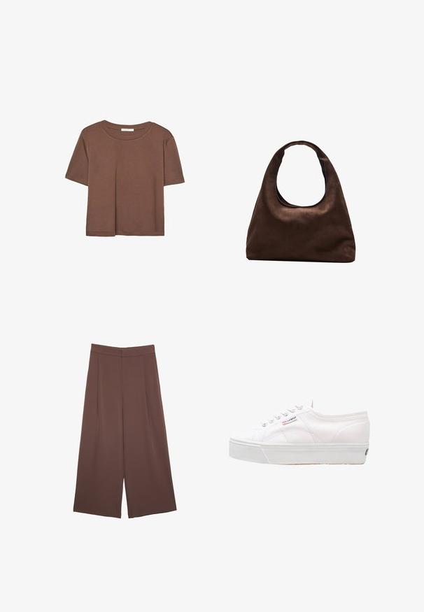 Maglietta a maniche corte marrone realizzata in tessuto morbido, con scollatura rotonda e vestibilità rilassata. Nessun motivo o dettaglio visibile.; Pantaloni ampi marroni con una texture liscia, caratterizzati da una vita alta e pieghe frontali. Il tessuto è leggero e scorre liberamente.; Superga 2790 LINEA UP AND DOWN - Sneakers basse - white; Borsa hobo di un morbido marrone con una sola tracolla larga e un'apertura a manico curvo, esposta su uno sfondo bianco.