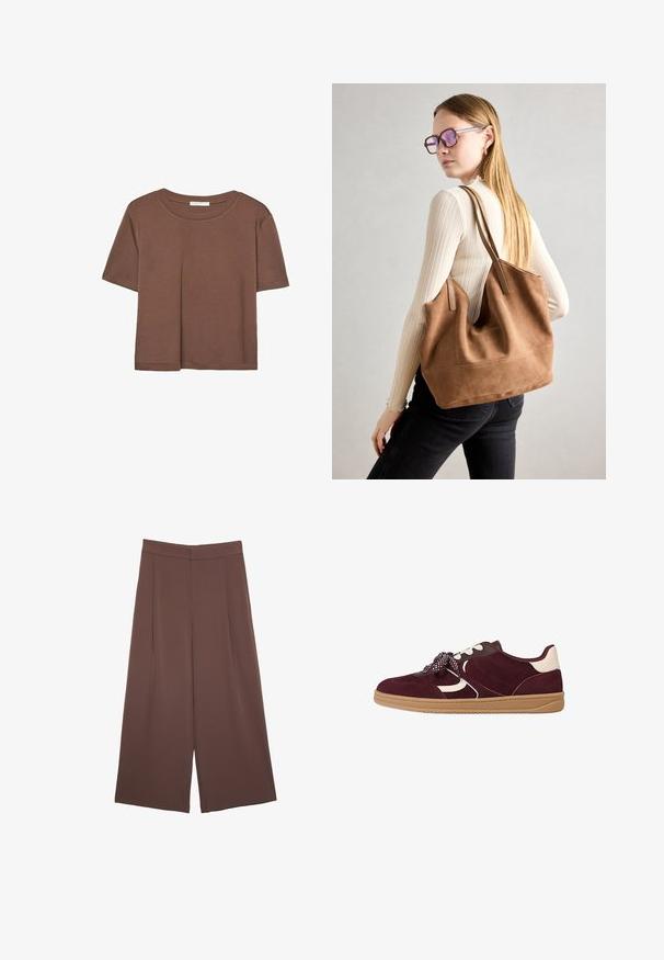 T-shirt marron à manches courtes en tissu doux, avec un col rond et une coupe décontractée. Aucun motif ni accent visible.; Pantalons larges marron avec une texture lisse, dotés d'une taille haute et de plis à l'avant. Le tissu est léger et tombe de manière fluide.; Baskets en suede bordeaux avec accents blancs, détails texturés, semelle en caoutchouc épais et lacets à motifs pour un maintien sécurisé.; Sac fourre-tout en daim marron avec une texture douce, grande ouverture et longues sangles. Présente un design simple avec des coutures visibles et sans matériel.