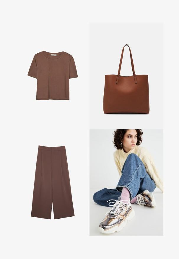 Maglietta a maniche corte marrone realizzata in tessuto morbido, con scollatura rotonda e vestibilità rilassata. Nessun motivo o dettaglio visibile.; Pantaloni ampi marroni con una texture liscia, caratterizzati da una vita alta e pieghe frontali. Il tessuto è leggero e scorre liberamente.; Giovane con i capelli ricci che indossa un maglione crema, jeans blu, calzini rosa e sneakers chunky metalliche, seduto per terra con lo sguardo rivolto altrove.; Borsa tote in pelle marrone con texture liscia, design con apertura superiore e due spallacci. Presenta cuciture minime e nessun hardware visibile.