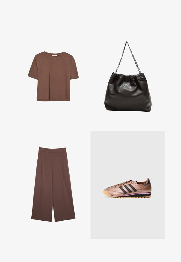 Brązowa koszulka z krótkim rękawem, wykonana z miękkiego materiału, z okrągłym dekoltem i luźnym krojem. Brak widocznych wzorów lub akcentów.; Brązowe spodnie o szerokich nogawkach z gładką fakturą, z wysokim stanem i plisami z przodu. Materiał jest lekki i luźno opada.; Brązowy but sportowy z trzema czarnymi paskami, gładka tekstura, sznurowany fason, kontrastująca jasnobrązowa podeszwa z purpurowym akcentem, styl retro.; Brązowa skórzana torba z marszczonym szczytem i łańcuszkowym paskiem. Gładka tekstura z błyszczącym wykończeniem i subtelnymi detalami szwów po bokach.